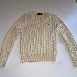 Polo by Ralph Lauren Ladies Cream V Neck Cable Knit Tennis Sweater